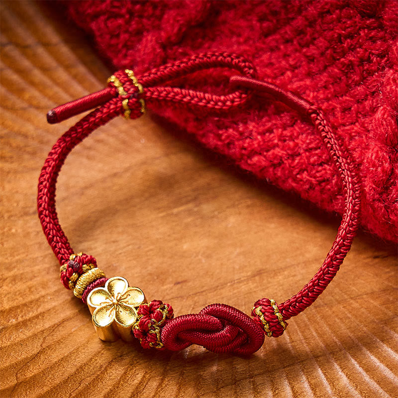 Buddha Stones 花柄の編み込みロープ結び目デザイン、調節可能なブレスレット - ダークレッドに花のアクセサリー付き - image 0