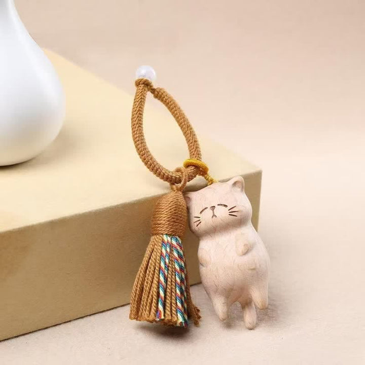 Buddha Stones ブナ材の猫のピースタッセルバッグチャームキーホルダー - image 1