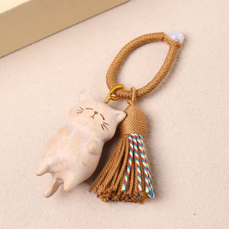 Buddha Stones ブナ材の猫のピースタッセルバッグチャームキーホルダー - image 2