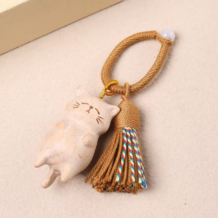 Buddha Stones ブナ材の猫のピースタッセルバッグチャームキーホルダー - image 2