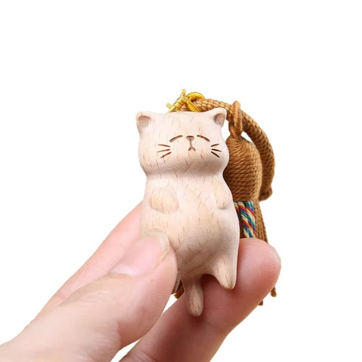 Buddha Stones ブナ材の猫のピースタッセルバッグチャームキーホルダー - image 4