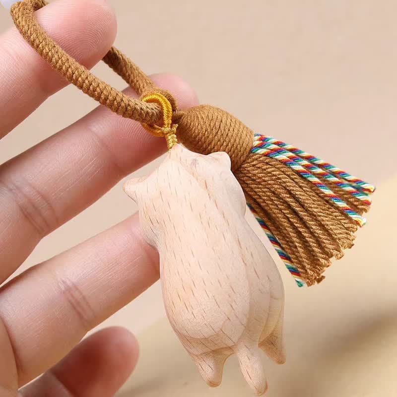 Buddha Stones ブナ材の猫のピースタッセルバッグチャームキーホルダー - image 6