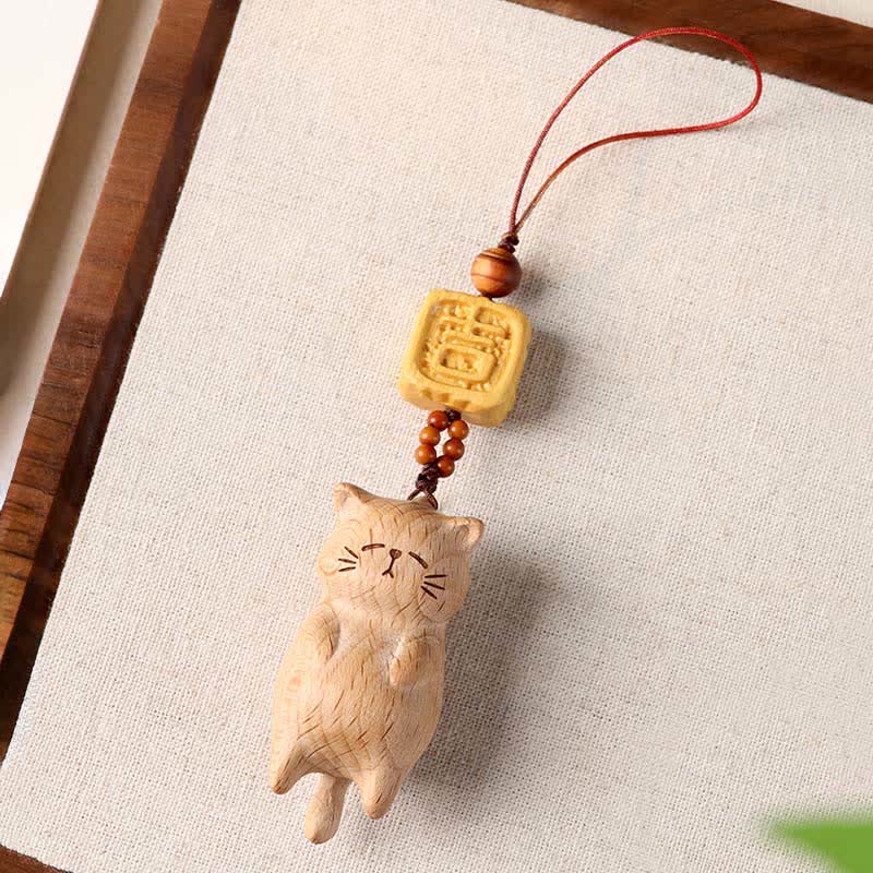 Buddha Stones ブナ材の手彫り招き猫の電話掛け装飾 - image 2