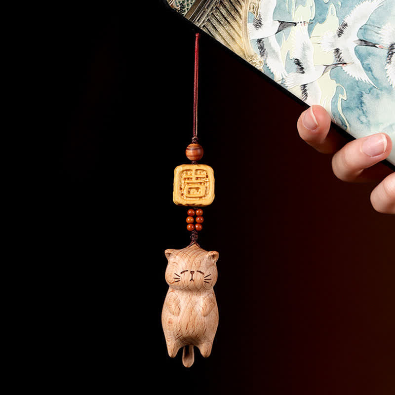 Buddha Stones ブナ材の手彫り招き猫の電話掛け装飾 - ブナ材（明晰さ♥安定感をもたらすエネルギー） - image 0
