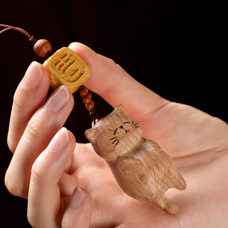 Buddha Stones ブナ材の手彫り招き猫の電話掛け装飾 - image 4