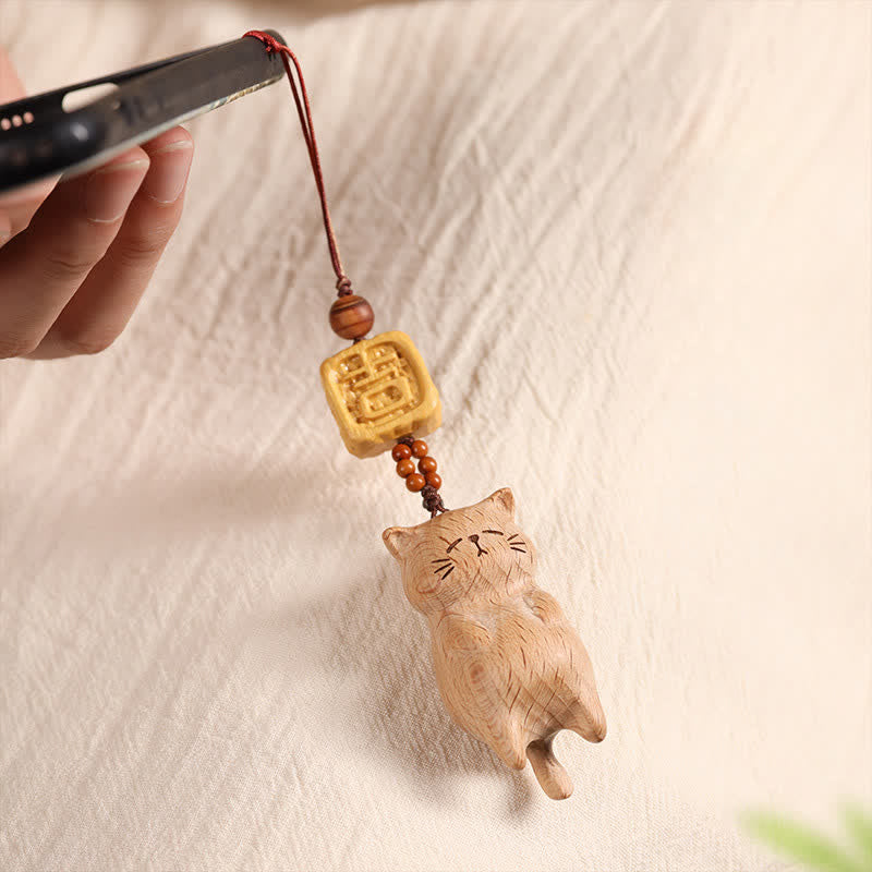 Buddha Stones ブナ材の手彫り招き猫の電話掛け装飾 - image 3