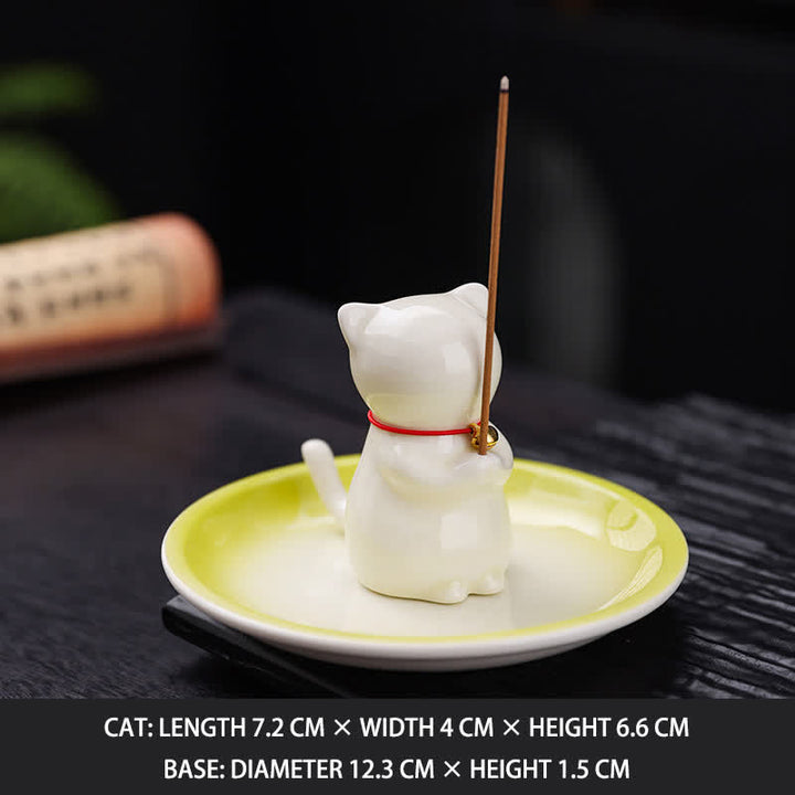 Buddha Stones 灰受け皿付きセラミック製かわいい猫型お香立て（お香は付属しません） - 黄色 - お香なし - image 17