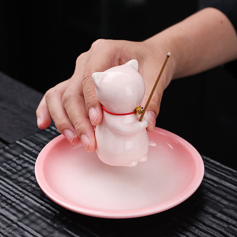 Buddha Stones 灰受け皿付きセラミック製かわいい猫型お香立て（お香は付属しません） - image 6