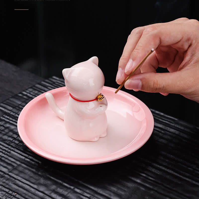 Buddha Stones 灰受け皿付きセラミック製かわいい猫型お香立て（お香は付属しません） - image 3