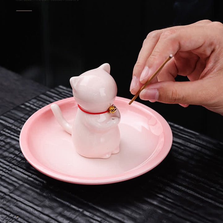 Buddha Stones 灰受け皿付きセラミック製かわいい猫型お香立て（お香は付属しません） - image 3