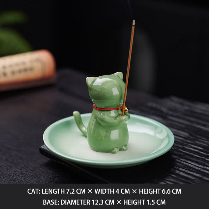 Buddha Stones 灰受け皿付きセラミック製かわいい猫型お香立て（お香は付属しません） - グリーン - お香なし - image 18