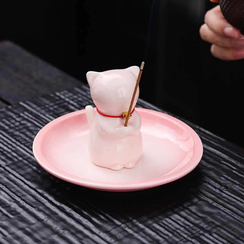 Buddha Stones 灰受け皿付きセラミック製かわいい猫型お香立て（お香は付属しません） - image 2