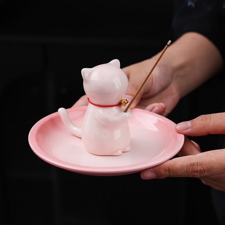 Buddha Stones 灰受け皿付きセラミック製かわいい猫型お香立て（お香は付属しません） - image 4