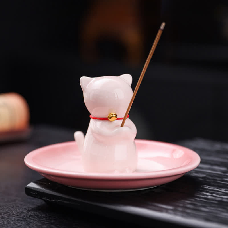 Buddha Stones 灰受け皿付きセラミック製かわいい猫型お香立て（お香は付属しません） - ピンク - お香なし - image 0