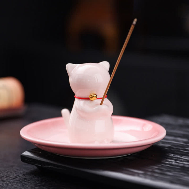 Buddha Stones 灰受け皿付きセラミック製かわいい猫型お香立て（お香は付属しません） - ピンク - お香なし - image 0