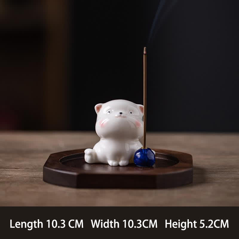 Buddha Stones ポンポン付きミニマルホワイトセラミック猫型お香立て（お香は付属しません） - 青色（ベース付き） - image 13