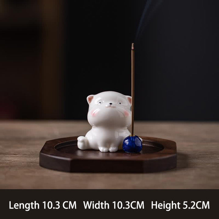 Buddha Stones ポンポン付きミニマルホワイトセラミック猫型お香立て（お香は付属しません） - 青色（ベース付き） - image 13