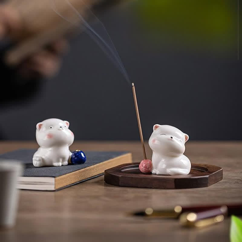 Buddha Stones ポンポン付きミニマルホワイトセラミック猫型お香立て（お香は付属しません） - image 20