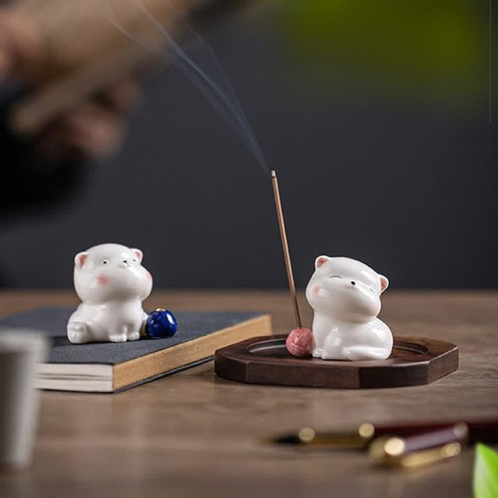 Buddha Stones ポンポン付きミニマルホワイトセラミック猫型お香立て（お香は付属しません） - image 20