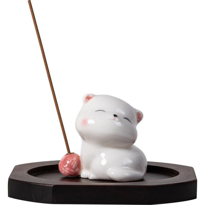 Buddha Stones ポンポン付きミニマルホワイトセラミック猫型お香立て（お香は付属しません） - image 6