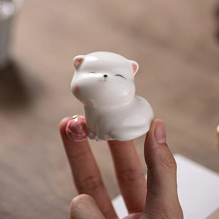 Buddha Stones ポンポン付きミニマルホワイトセラミック猫型お香立て（お香は付属しません） - image 10