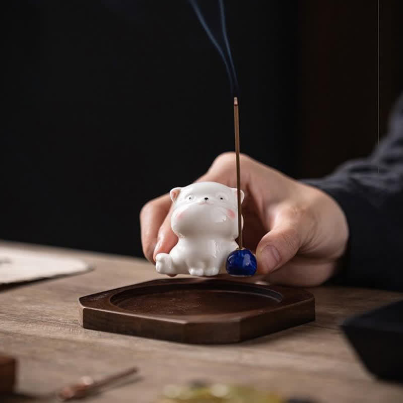 Buddha Stones ポンポン付きミニマルホワイトセラミック猫型お香立て（お香は付属しません） - image 15