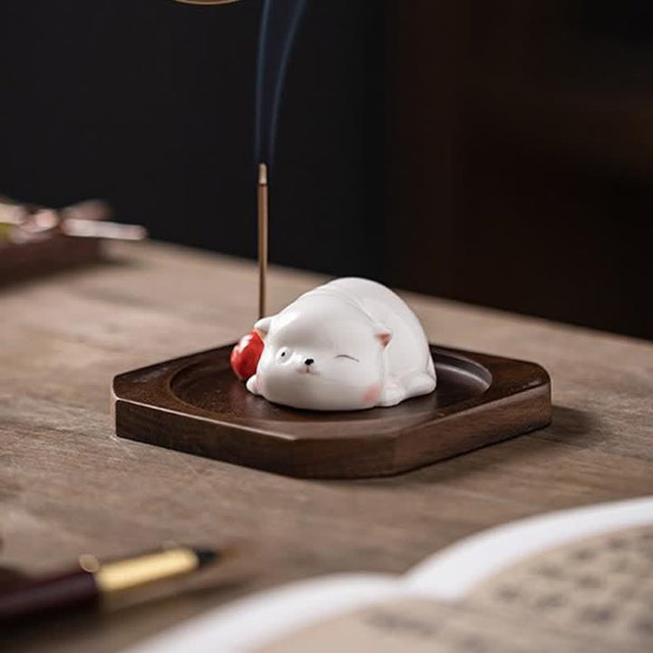 Buddha Stones ポンポン付きミニマルホワイトセラミック猫型お香立て（お香は付属しません） - image 19