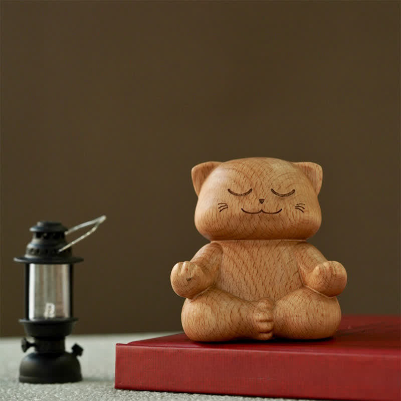 Buddha Stones 木製瞑想猫悟り手彫りかわいい動物装飾 - 禅サークル（悟り♥ 楽な心） - image 0