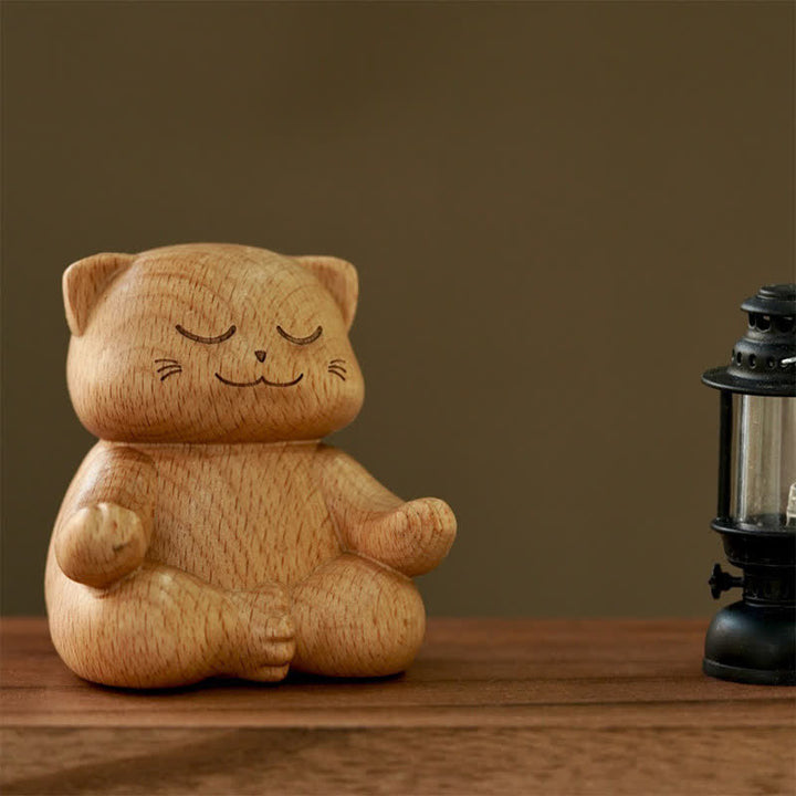 Buddha Stones 木製瞑想猫悟り手彫りかわいい動物装飾 - image 3