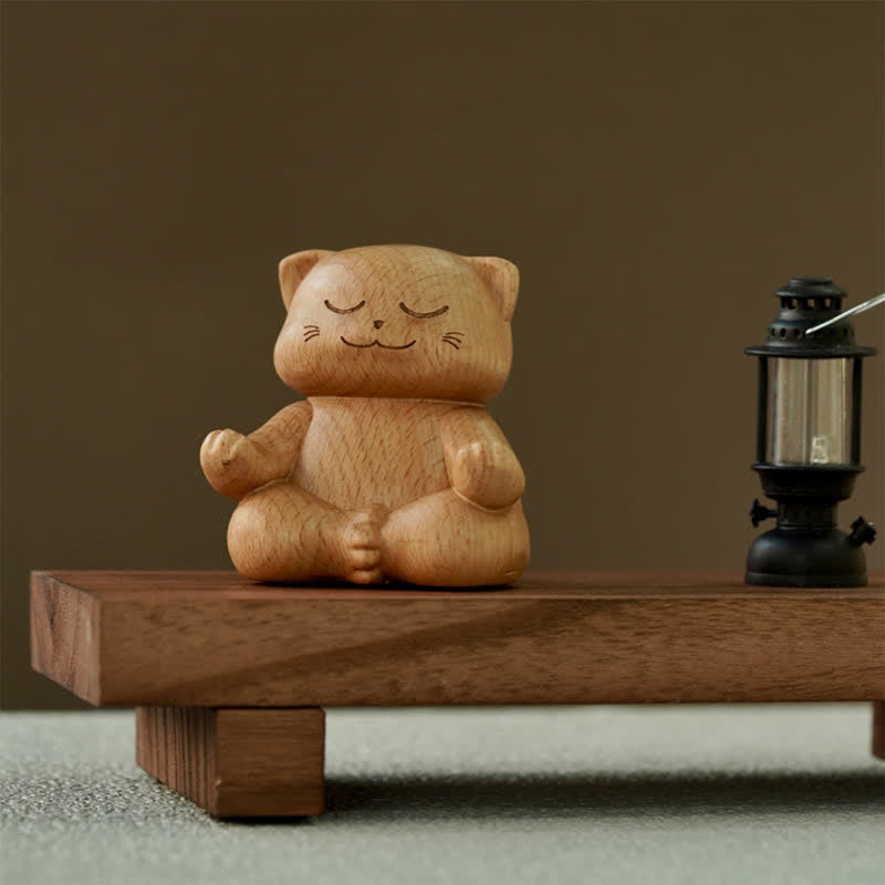 Buddha Stones 木製瞑想猫悟り手彫りかわいい動物装飾 - image 2