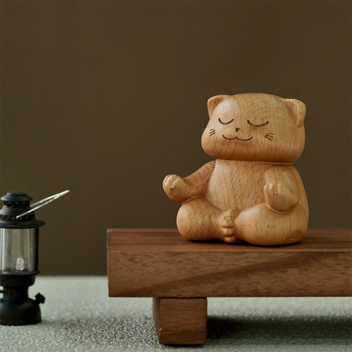 Buddha Stones 木製瞑想猫悟り手彫りかわいい動物装飾 - image 1