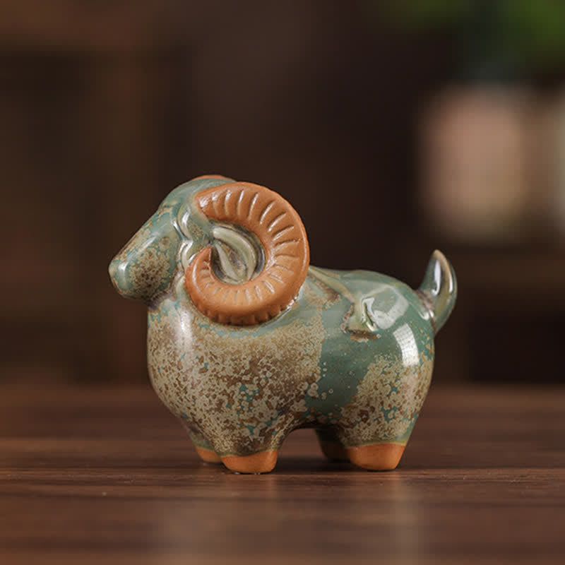 Buddha Stones 窯焼き釉薬陶器 中国十二支 羊豊かさかわいい動物装飾 - 斑点模様の緑色の羊の置物 - image 3