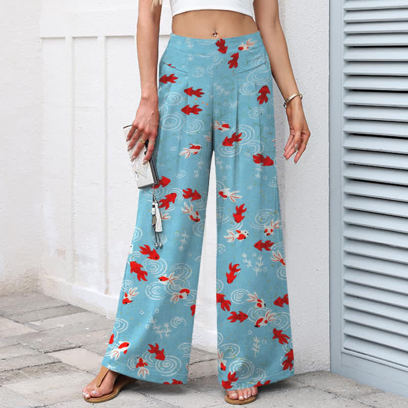 Buddha Stones コットンリネン鯉柄レディースゴムウエストワイドレッグパンツ（ポケット付き） - image 1