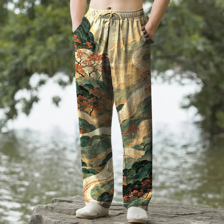 Buddha Stones 綿素材、山と川の模様入り、ポケット付きメンズテーパードパンツ - カーキ - US/UK/AU50、EU60（5XL） - image 0