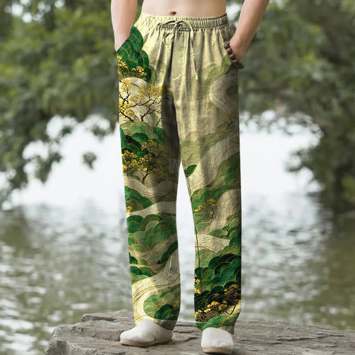 Buddha Stones 綿素材、山と川の模様入り、ポケット付きメンズテーパードパンツ - 黄緑 - US/UK/AU50、EU60（5XL） - image 6