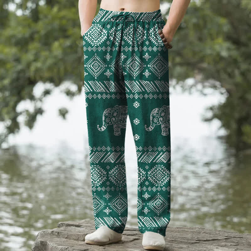 Buddha Stones コットン製、象の部族柄、メンズテーパードパンツ（ポケット付き） - ダークシアン - US/UK/AU50、EU60（5XL） - image 0