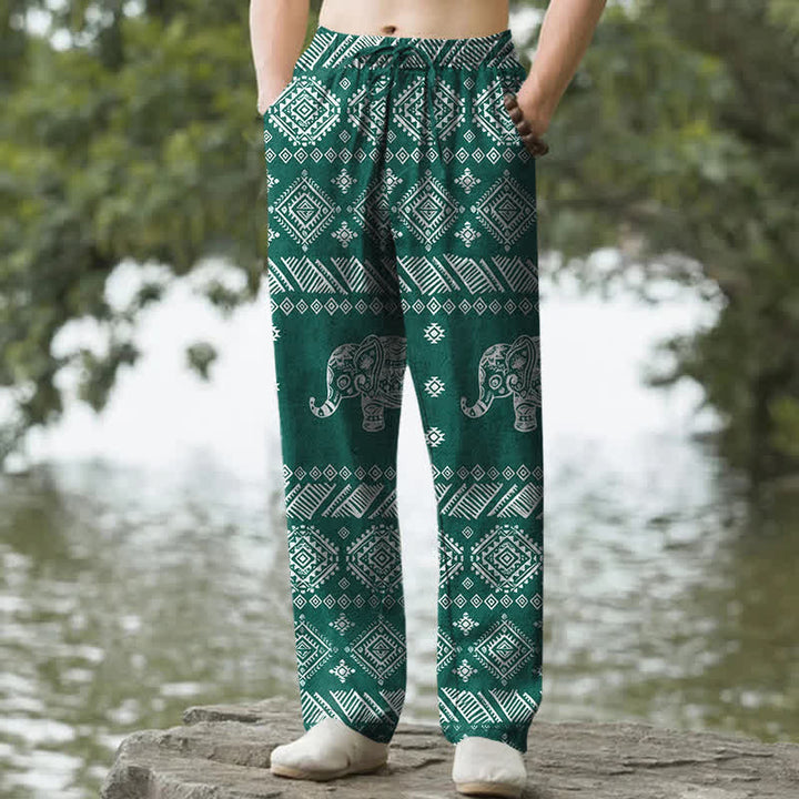 Buddha Stones コットン製、象の部族柄、メンズテーパードパンツ（ポケット付き） - ダークシアン - US/UK/AU50、EU60（5XL） - image 0