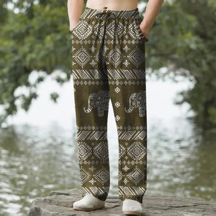 Buddha Stones コットン製、象の部族柄、メンズテーパードパンツ（ポケット付き） - オリーブ - US/UK/AU50、EU60（5XL） - image 6