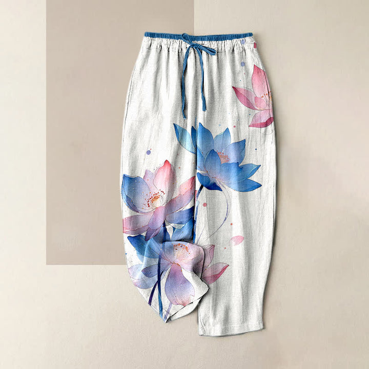 Buddha Stones 純綿水彩蓮柄レディースゴムウエストパンツ（ポケット付き） - 白 - US16、 UK/AU20、 EU48 (3XL) - image 0