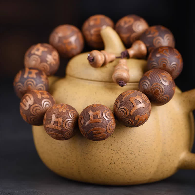 Buddha Stones 天然アベリア・ビフローラ材のハート・スートラ オム・オーム・マニ・パドメ・フムブレスレット - image 1
