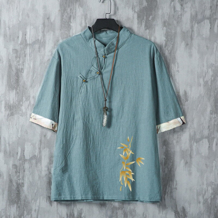 Buddha Stones 夏物唐草スタイルカジュアルカエルボタン竹製メンズ半袖シャツ - カデットブルー - US/UK/AU46、 EU56 (5XL) - image 0