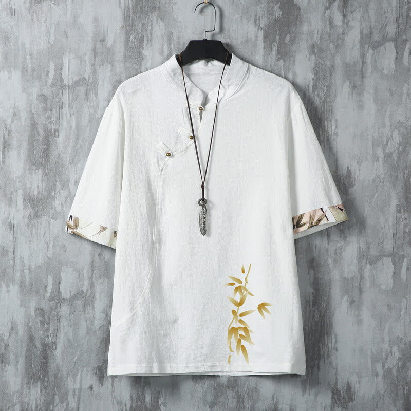 Buddha Stones 夏物唐草スタイルカジュアルカエルボタン竹製メンズ半袖シャツ - 白 - US/UK/AU46、 EU56 (5XL) - image 2