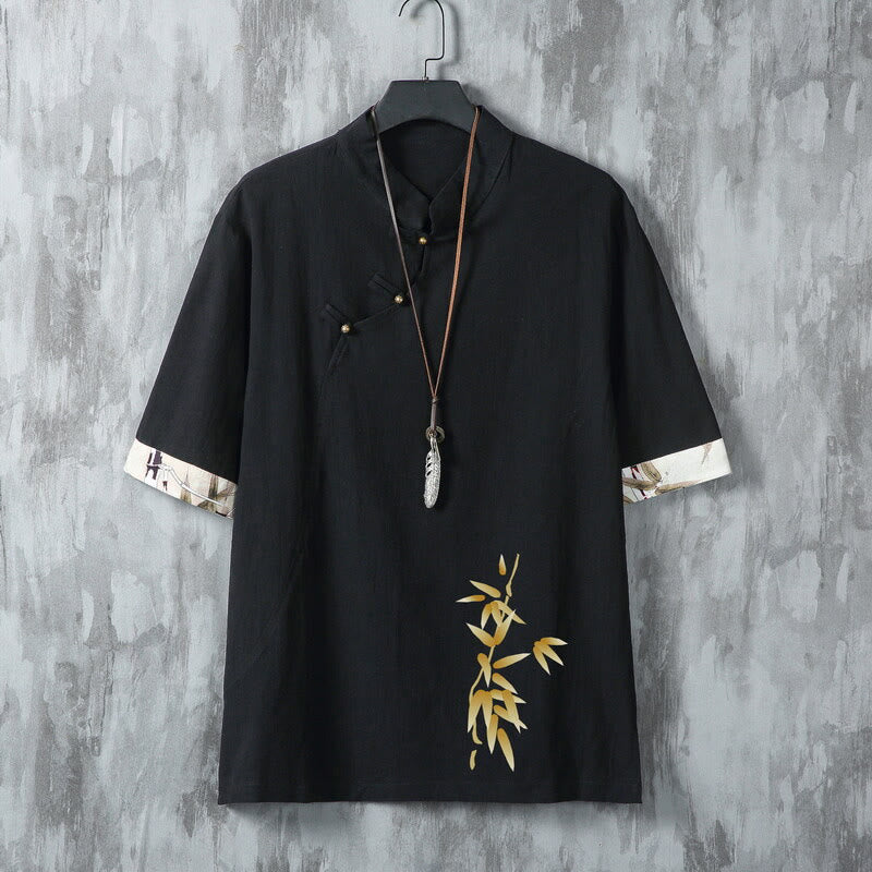 Buddha Stones 夏物唐草スタイルカジュアルカエルボタン竹製メンズ半袖シャツ - 黒 - US/UK/AU46、 EU56 (5XL) - image 1