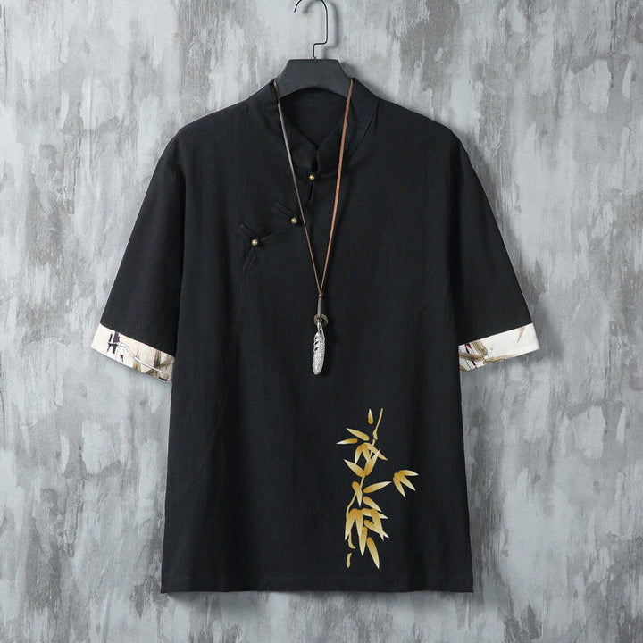 Buddha Stones 夏物唐草スタイルカジュアルカエルボタン竹製メンズ半袖シャツ - 黒 - US/UK/AU46、 EU56 (5XL) - image 1