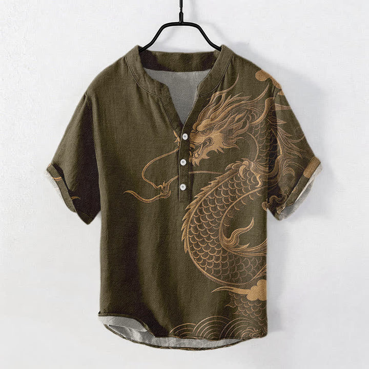 Buddha Stones 綿素材の金龍柄メンズ半袖ハーフボタンシャツ - オリーブ - US/UK/AU50、EU60（5XL） - image 0