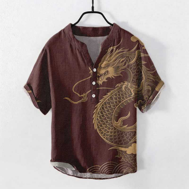 Buddha Stones 綿素材の金龍柄メンズ半袖ハーフボタンシャツ - マルーン - US/UK/AU50、EU60（5XL） - image 5