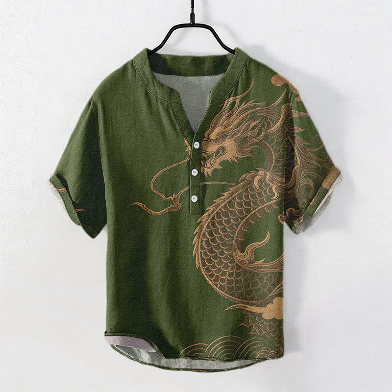Buddha Stones 綿素材の金龍柄メンズ半袖ハーフボタンシャツ - ダークオリーブグリーン - US/UK/AU50、EU60（5XL） - image 7
