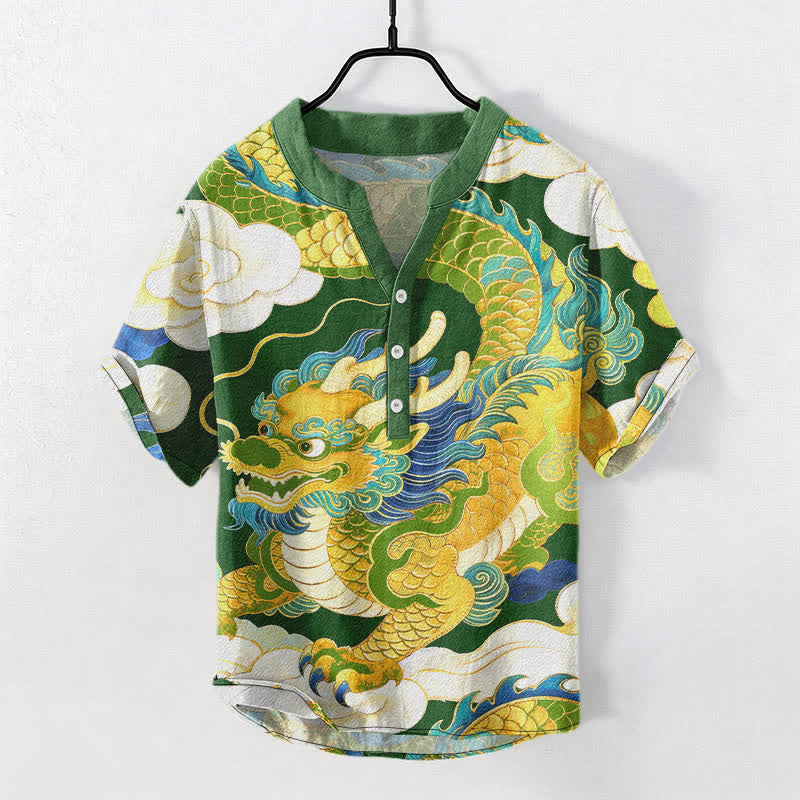 Buddha Stones 綿素材、金龍吉祥雲柄、メンズ半袖ハーフボタンシャツ - フォレストグリーン - US/UK/AU50、EU60（5XL） - image 7
