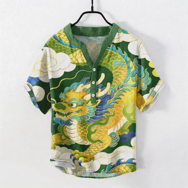 Buddha Stones 綿素材、金龍吉祥雲柄、メンズ半袖ハーフボタンシャツ - フォレストグリーン - US/UK/AU50、EU60（5XL） - image 7