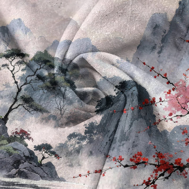 Buddha Stones コットンインク風景梅花柄メンズ半袖ハーフボタンシャツ - image 2